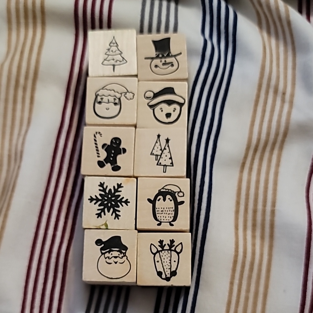 10 Mini Holiday Themed Wooden Rubber Stamps Set